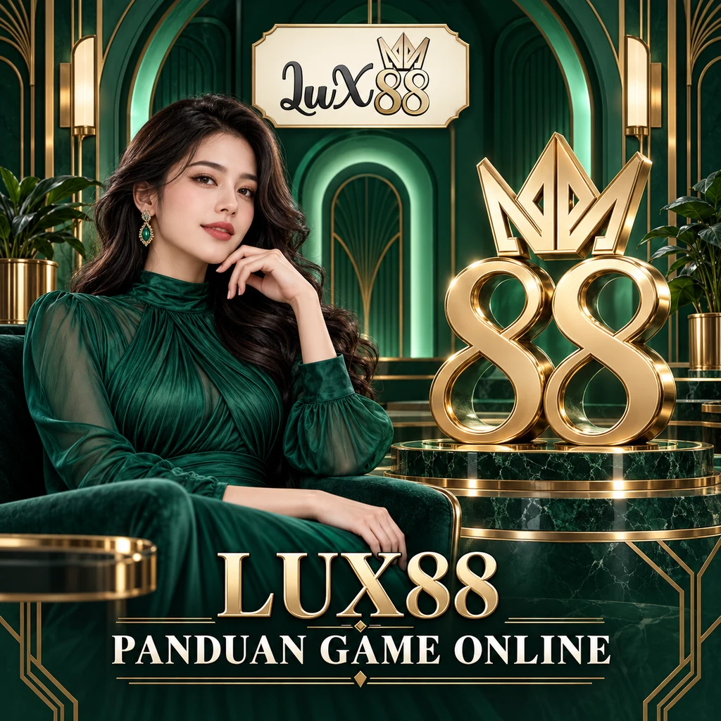 LUX88 panduan game online, model dewasa bergaun emerald di samping mahkota dan angka 88 emas